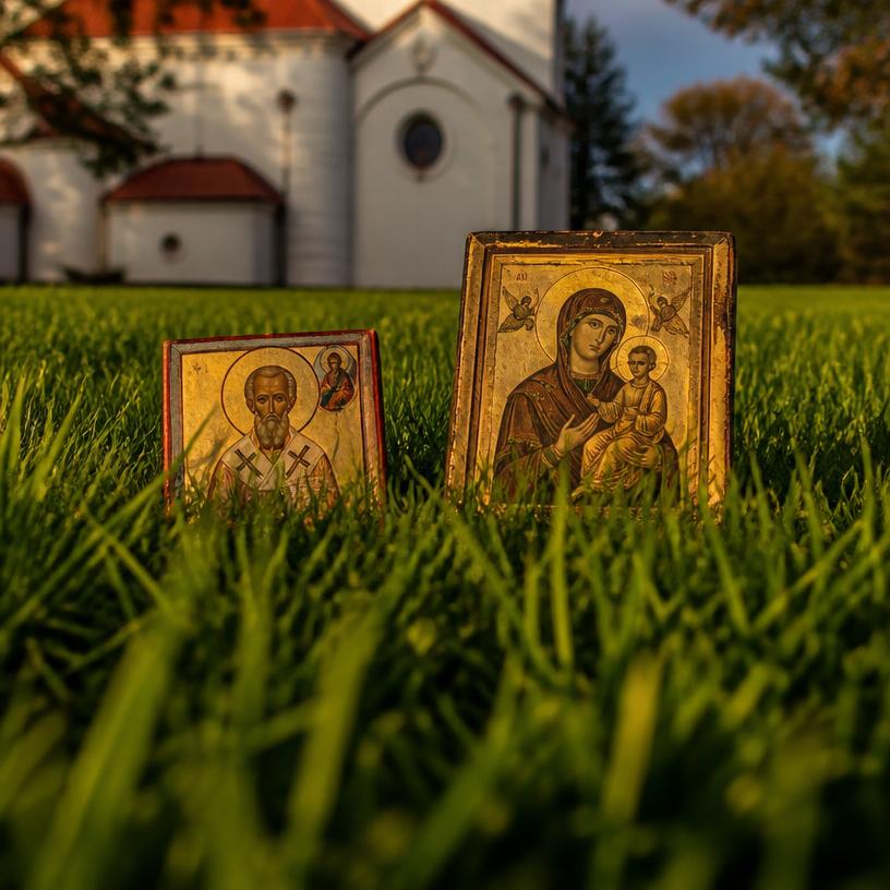 Ikony na zeleném trávníku